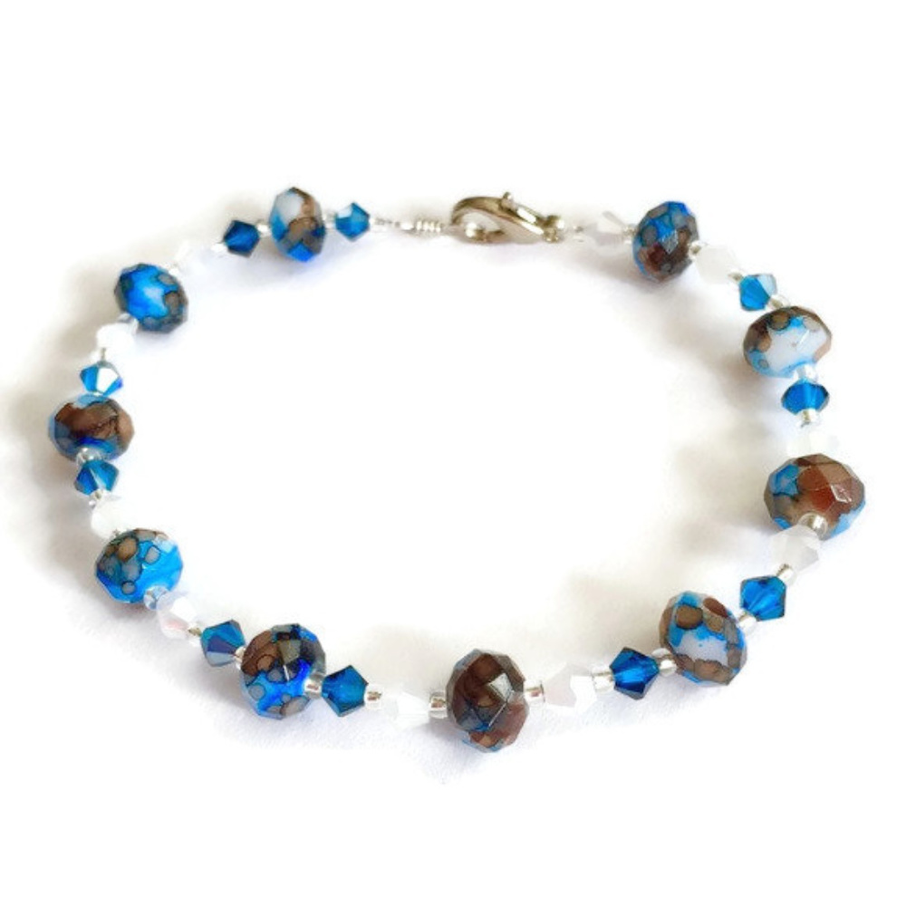Blue Brown & White Handmade Beaded Bracelet